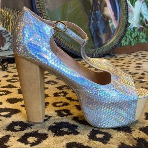 Jeffrey Campbell hologram retro silver t strap platform heels